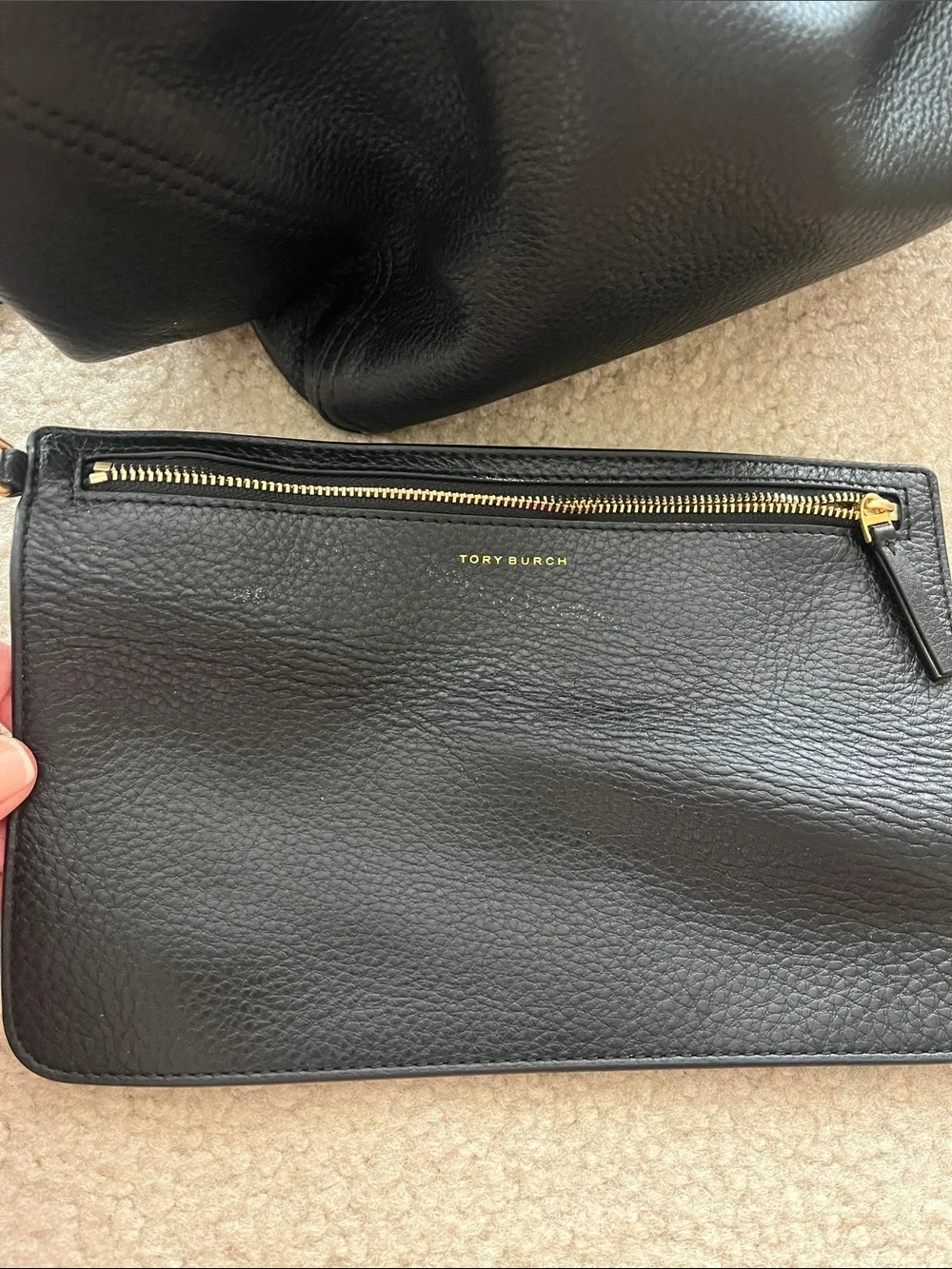 Tory Burch Black Pebbled Leather Tote with Zip Pouch